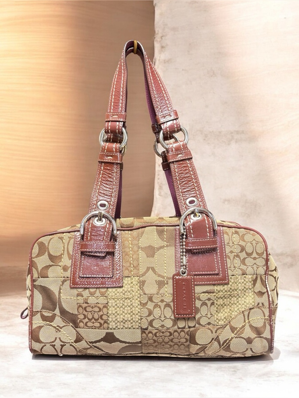 Coach Patchwork Signature Shoulder Bag in Tan and Brown Leather Trim